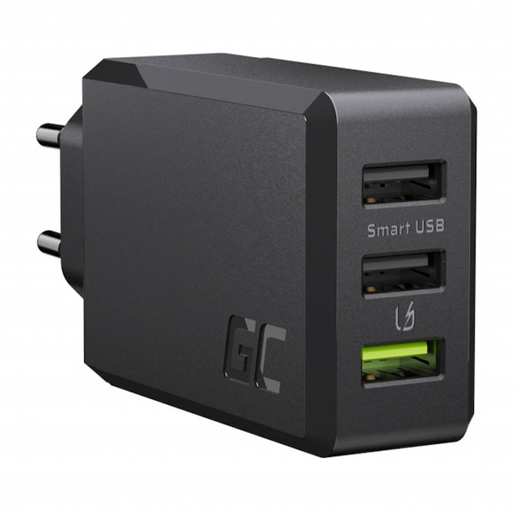 Мрежово зарядно устройство Green Cell, 3 USB порта, 30W, Технологии на зареждане Ultra Charge, Fast Charge