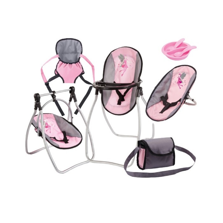 Scaun de masa 4in1 transformabil Bayer Vario Rosa pentru papusi pana la 46 cm, include marsupiu reglabil, gentuta de umar, accesorii hranire asortate