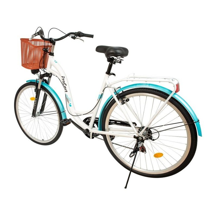 Дамски велосипед PROCART, Джанти 28 цола, 7 скорости Shimano, V-Brake, Кошница за пазаруване, Тюркоаз/бял