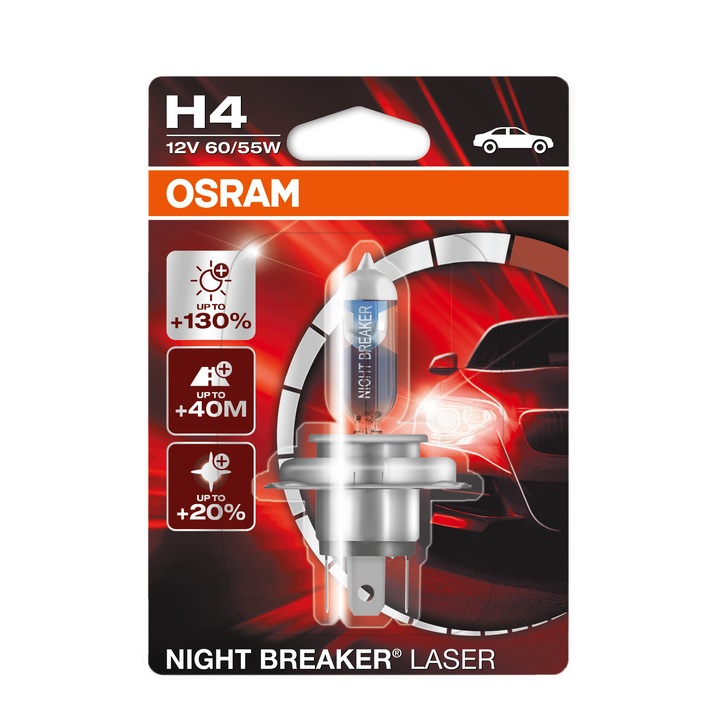 Bec auto far halogen Osram H4 Night Breaker Laser, +130%, 60/55W, 12V, P43T, 1Buc