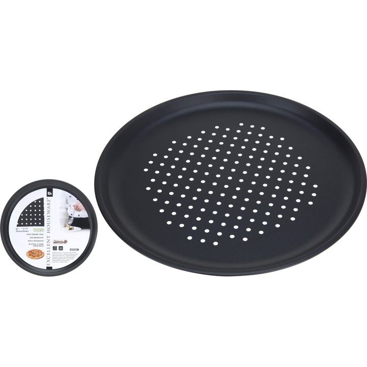 Tava de copt pentru pizza, EXCELLENT HOUSEWARE, perforata, 32cm, neagra