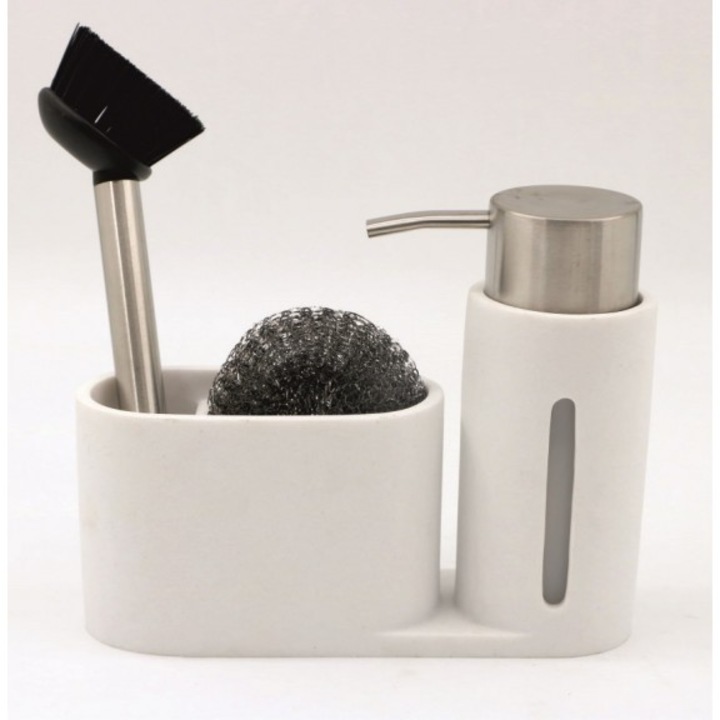 Dispenser, Inter Ceramic, Polirasina, pentru bucatarie, cu perie si burete, Alb