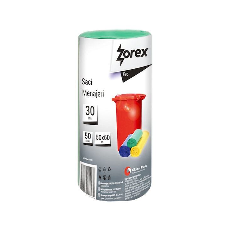 Set 5 bucati saci menajeri Zorex Pro, 30L, verde, 50 buc/rola