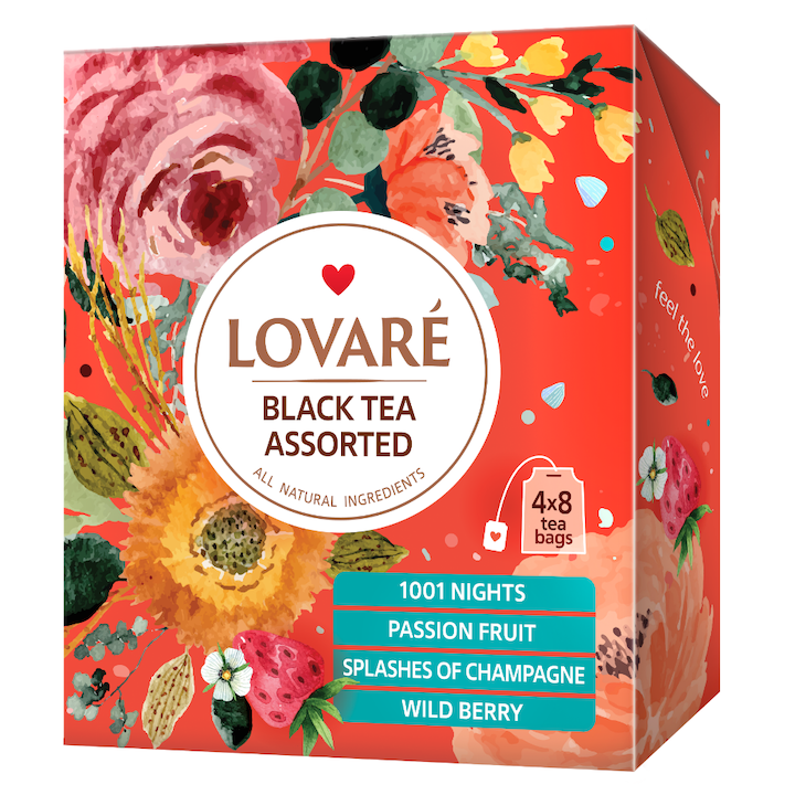 Ceai negru asoartat, 32 pliculete, 4 arome a cate 8 pliculete fiecare, Black Assorted, LOVARE, 60g