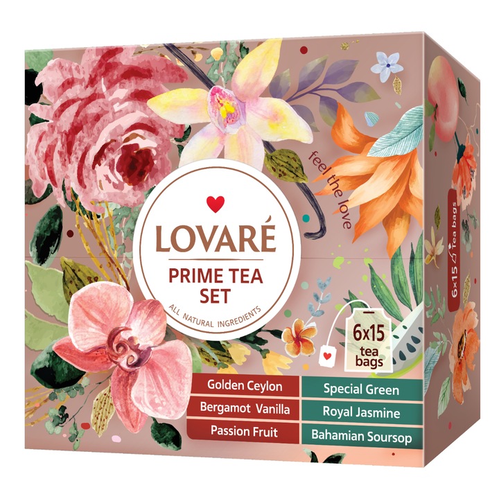 Ceai in asortiment 90 pliculete, 6 feluri a cate 15 pliculete fiecare, Prime Tea Set, LOVARE, 158g