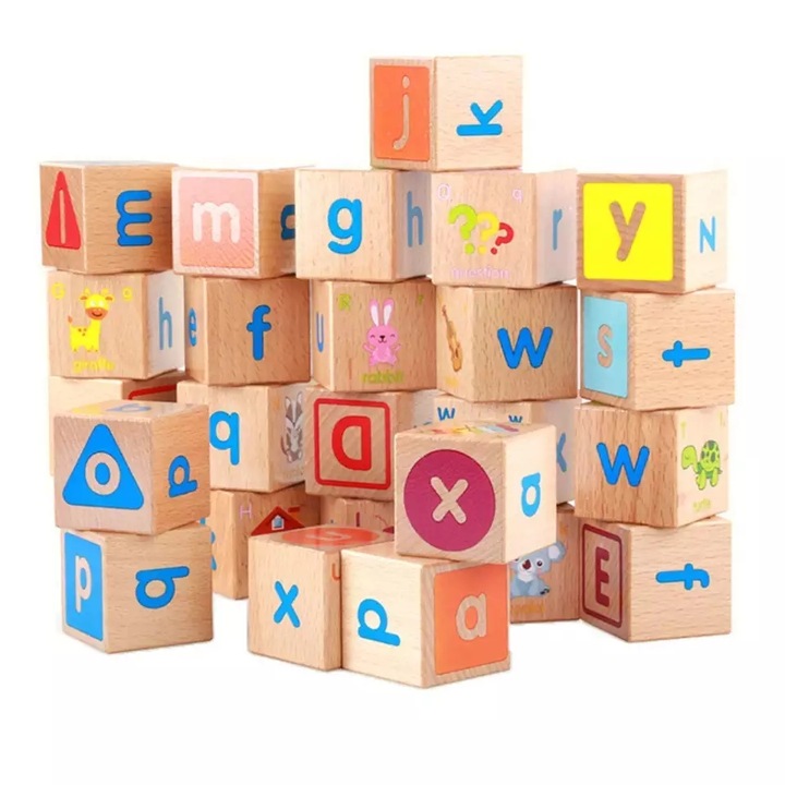 Cuburi de construit cu animale, litere si cuvinte, 26 piese