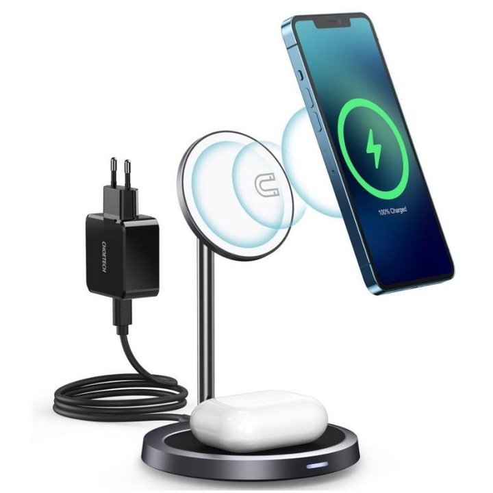 Mágneses tartó 2 az 1-ben, Choetech, 15 W, műanyag/alumínium, szürke