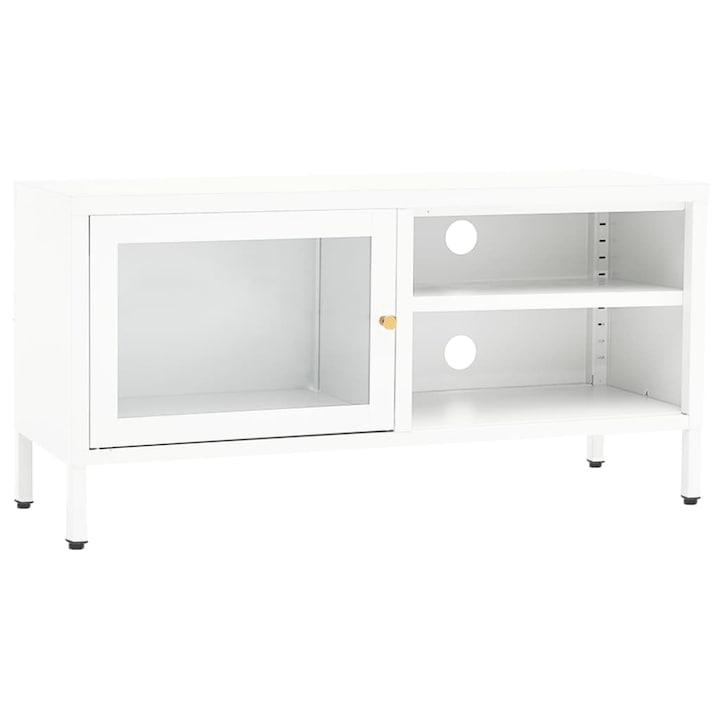 Comoda TV Zakito Europe, sticla/otel, picioare reglabile, alb, 90x30x44cm