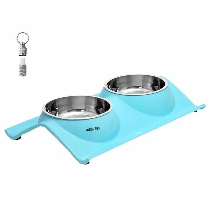 Bol pentru mancare si apa antiderapant, si Medalion identificare, pentru caini si pisici, 38x24.4x6cm, Bleu