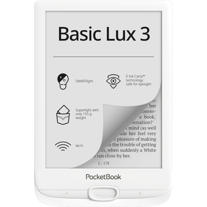 Pocketbook PB617 Basic Lux 3 e-book olvasó, 6" E-Ink Carta, Cpu: 1GHz, 512MB, 8GB, 1300mAh, wifi, mUSB, mSD olvasó, Fehér