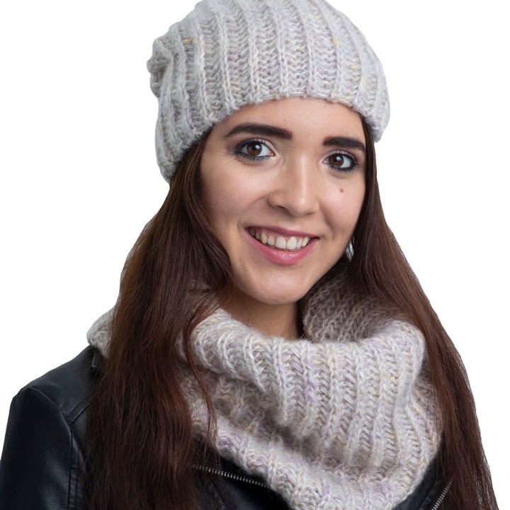 Set tricotat cu caciula si fular, Nandy, bej, marime universala, NKP-01-20-114-BEZ