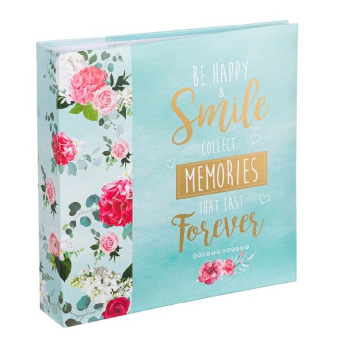 Album foto slip-in, pentru fotografii 10x15 cm, 200 de pozitii, cu spatiu de notite, design flori si mesaj, 22x22x5 cm