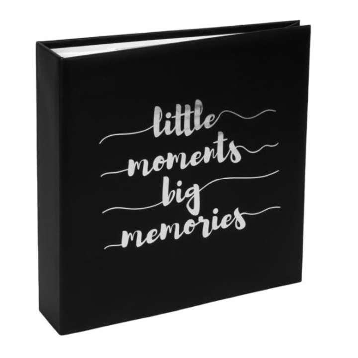 Album foto slip-in, pentru fotografii 10x15 cm, 200 de pozitii, spatiu de notite, cu mesaj argintiu, 22x22x5 cm, negru