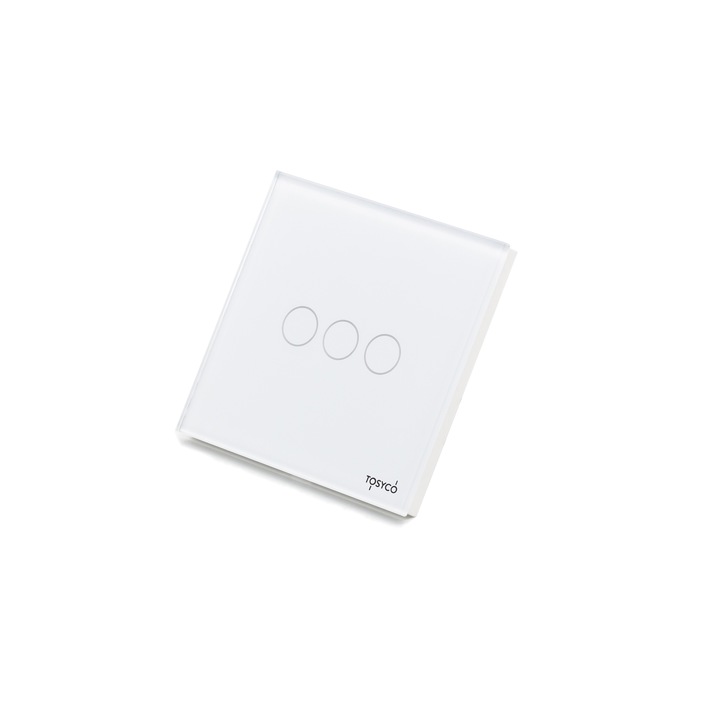 Intrerupator triplu WIFI fara Nul cu touch Tosyco din sticla, Alb