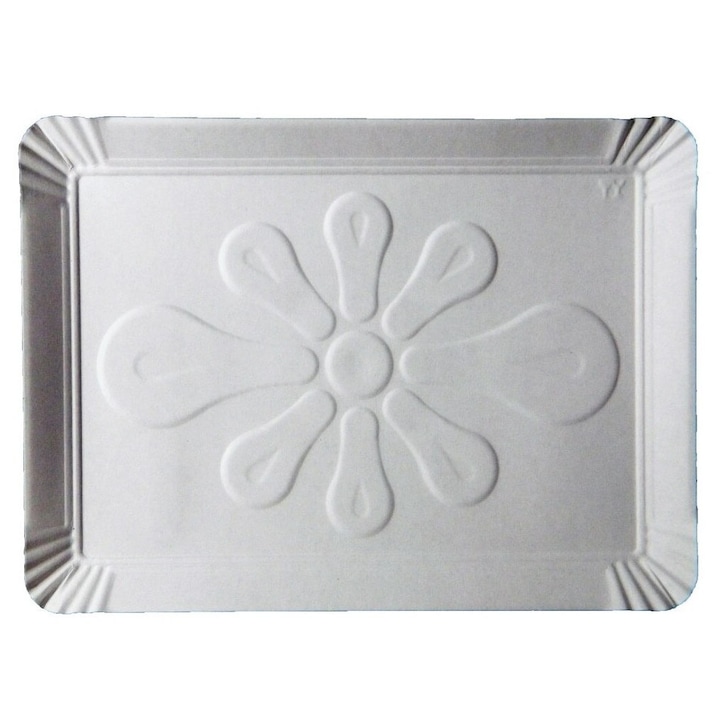 Комплект от 100 бр. Т10 бели картонени тавички 23 х 19,5 см, с десен, правоъгълни за торти, със санитарно разрешение за директен контакт с храни
