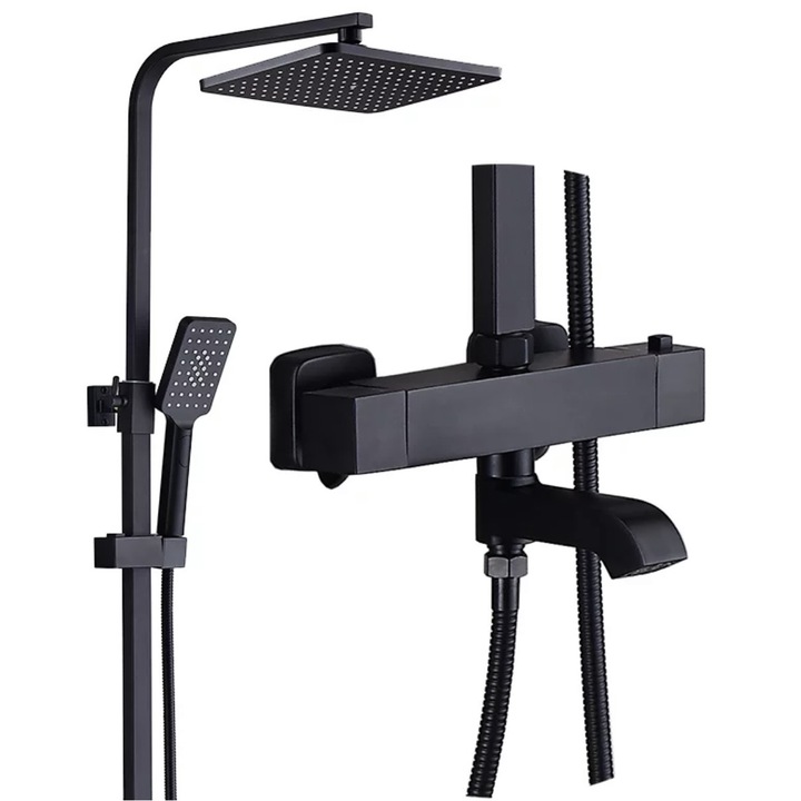 3 funkciós zuhanyoszlop, matt fekete, termosztatikus csaptelep, négyszögletes zuhanyfej, Top Ceramic 80034B