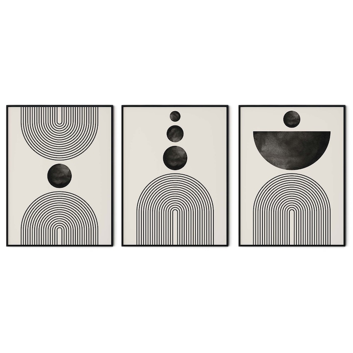 Tablouri Abstracte, fara rama, print pe hartie foto Fine Art, Intaglio, set 3 postere, moderne minimaliste, Alb Negru, pentru libing, birou 150 cm 70 cm