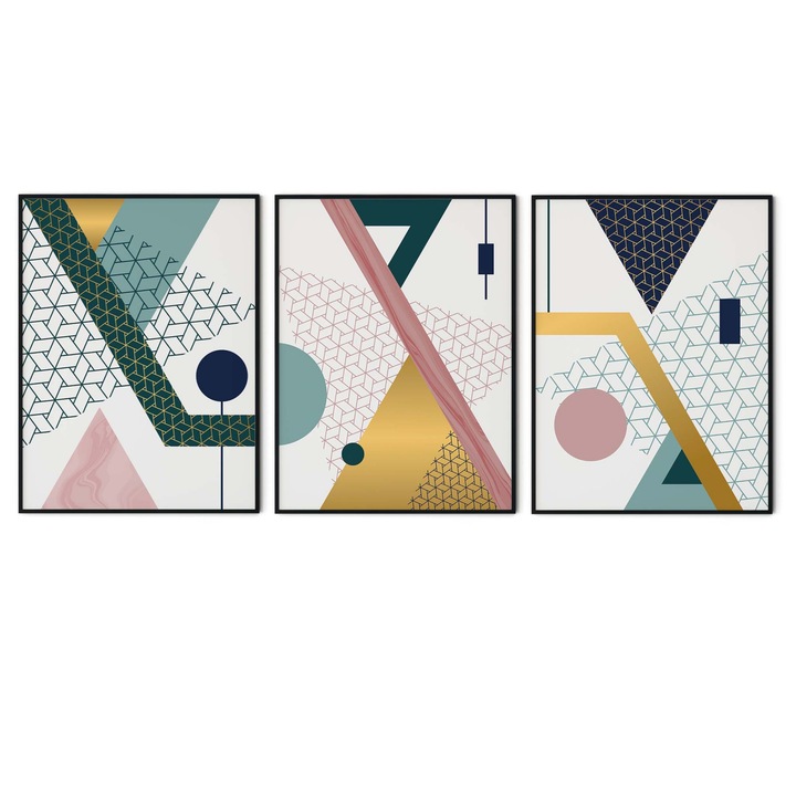 Set 3 tablouri, Intaglio, Stil Abstracte, fara rama, print pe hartie foto Fine Art, Forme geometrice, Color, postere elegante, pentru living, dormitor, camera copii 183 cm 91 cm