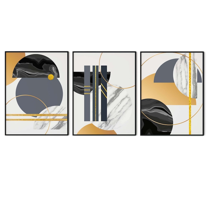 Set 3 tablouri, Intaglio, Stil Abstracte, print pe hartie foto Fine Art, Auriu, forme geometrice gri, postere moderne, pentru living 150 cm 70 cm