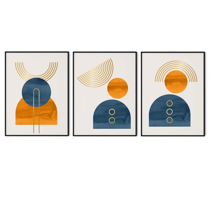 Set 3 tablouri canvas, Intaglio, Abstracte, color, print pe panza Premium, Figurine 3 in nuante de albastru si galben, pentru living, camera copii 210 cm 90 cm