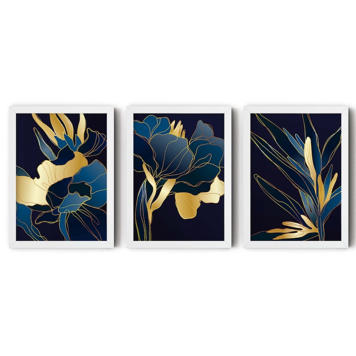 Set 3 tablouri, Intaglio, Abstracte, nuante albastru auriu, fara rama, print pe hartie foto Fine Art, postere elegante cu flori, pentru dormitor, living, hol 150 cm 70 cm