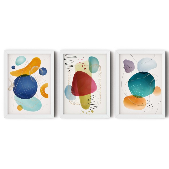Set 3 tablouri, Intaglio, Abstracte, multicolor, fara rama, print pe hartie foto Fine Art, postere moderne cu forme colorate, pentru dormitor, living, camera copii 183 cm 91 cm