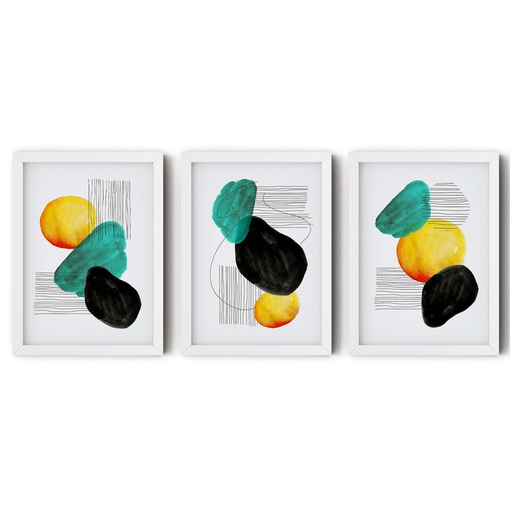 Set 3 tablouri canvas, Intaglio, Abstracte, color, print pe panza Premium, Forme colorate, pentru living, camera copii 210 cm 90 cm