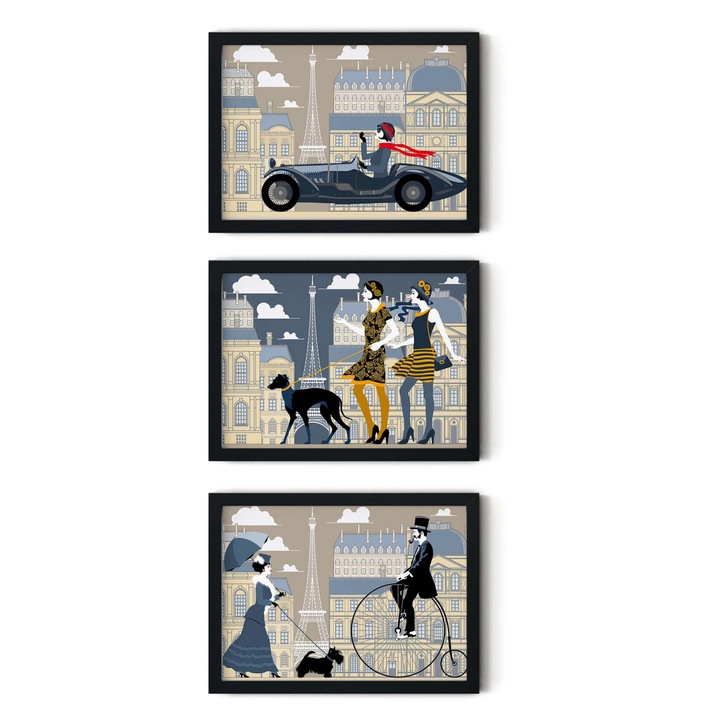 Set 3 tablouri, Intaglio, Stil Pop Art, color, fara rama, print pe hartie foto Fine Art, Animatie in oras, postere moderne, pentru living 150 cm 70 cm