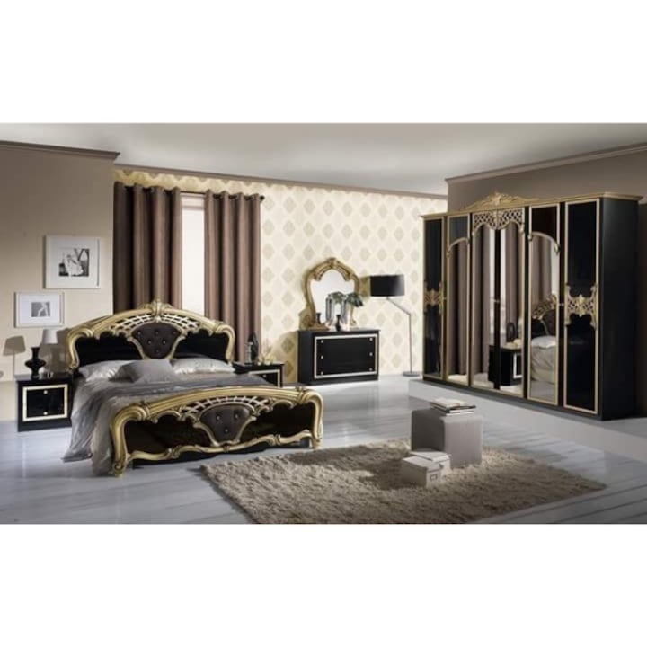 Set dormitor italian clasic, pal negru lucios cu detalii aurii Eva format din dulap, noptiere, comoda cu oglinda, pat 160x200cm