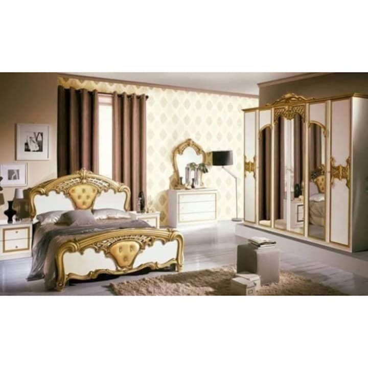 Set dormitor italian clasic, pal alb lucios cu detalii aurii Eva format din dulap, noptiere, comoda cu oglinda, pat 160x200cm