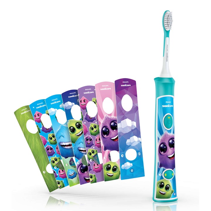 Philips HX6322/04 Sonicare Kids Szónikus elektromos fogkefe, beépített Bluetooth® oktatási alkalmazás, 2 kefefejjel, 8 matrica a testreszabáshoz, fehér / kék