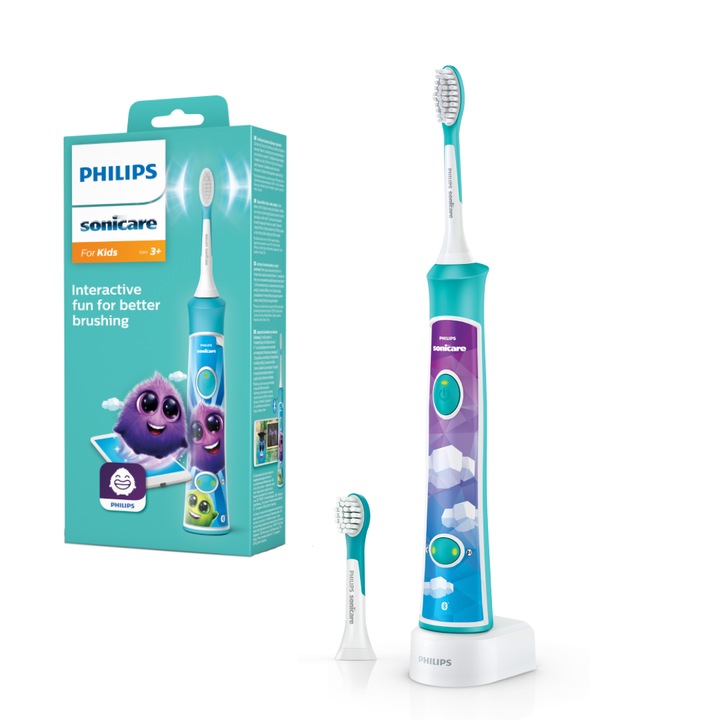 Ел. четка за зъби Philips Sonicare Kids HX6322/04 за деца, Bluetooth® връзка с приложение, 2 глави, 8 стикера, Бяла/Синя