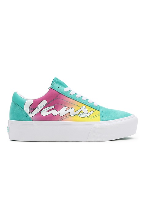 Vans, Tenisi unisex flatform cu insertii de piele intoarsa UA Old Skool, Galben/Roz/Verde menta, 36.5