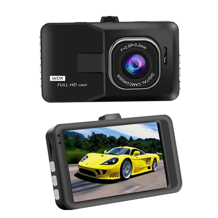 Camera Video De Bord Auto Qeno®, FULL-HD 1080P, Display LCD 3 Inch, vizibilitate 170°, Senzor G, Detectarea Miscarii, Negru