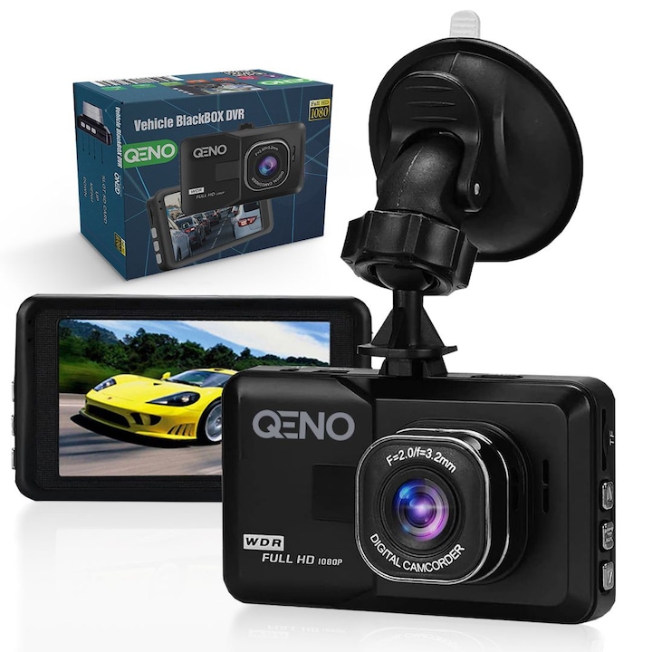 Camera Video De Bord Auto Qeno®, FULL-HD 1080P, Display LCD 3 Inch, vizibilitate 170°, Senzor G, Vedere Nocturna, Detectarea Miscarii, Negru