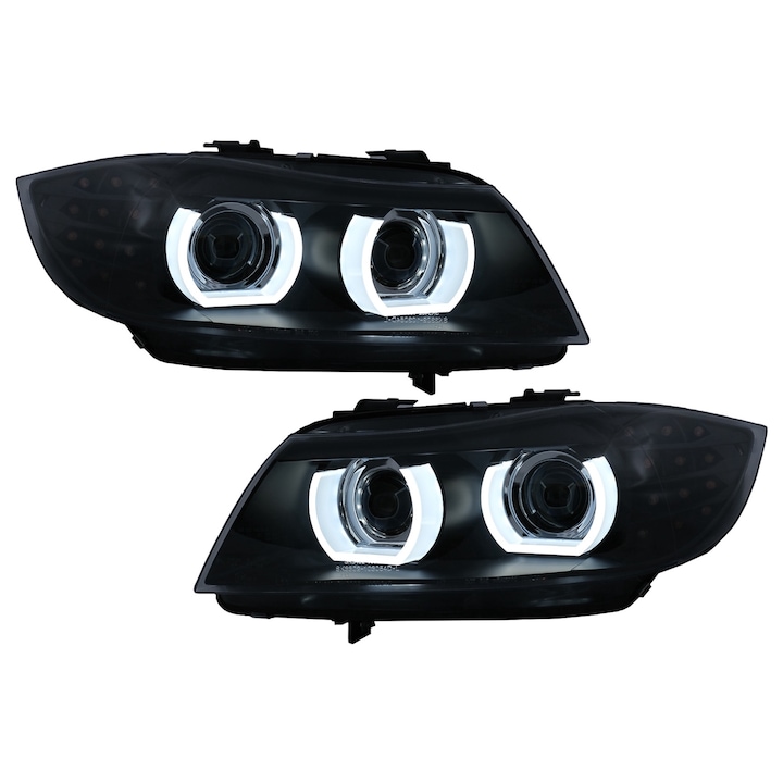 Комплект от 2 ксенонови 3D U-Led фарове с ангелски очи, съвместими с BMW Серия 3 E90 E91 (2008-2011) Черен