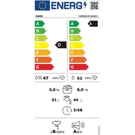 Пералня със сушилня Haier HWD80-B14959U1S, Пране 8 кг, Сушене 5 кг, 1400 об/мин, Клас A, Мотор Direct Motion, Wi-Fi, iRefresh, ABT, Steam, iTime, Pillow Drum, Dual Spray, Бял