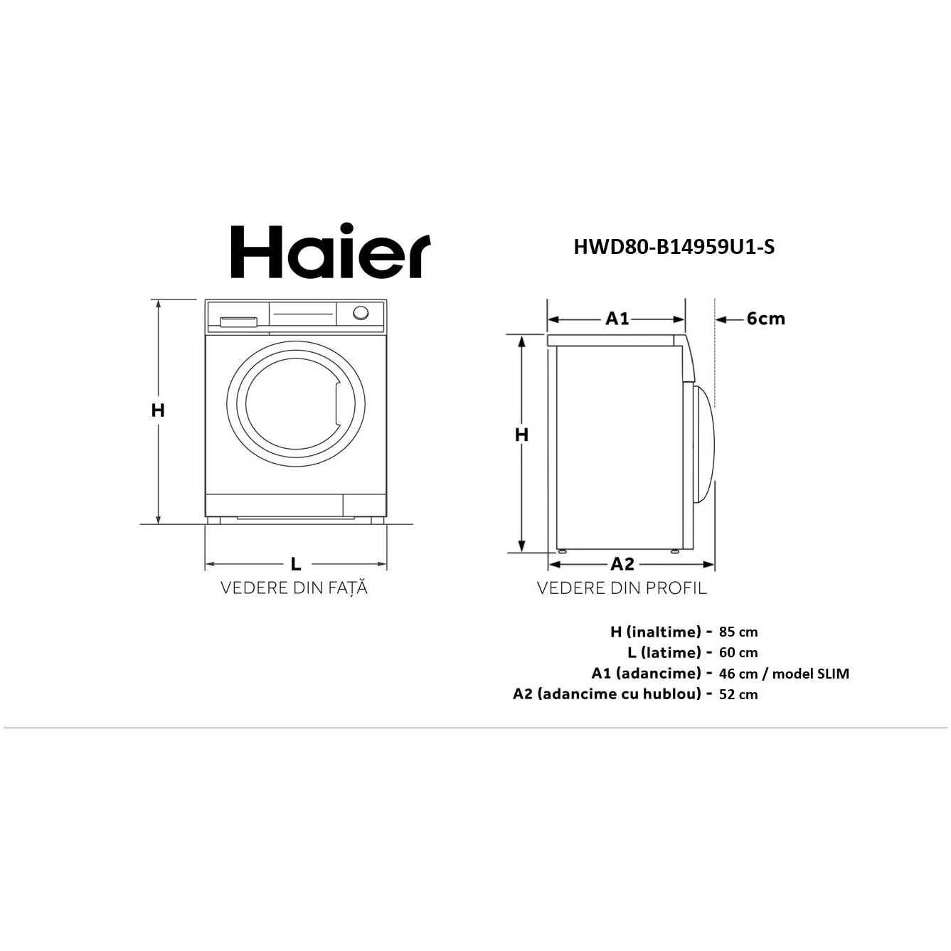 Masina de spalat rufe cu uscator Haier HWD80-B14959U1-S, Spalare 8 kg, Uscare 5 kg, 1400 rpm, Clasa A, Motor Direct Motion, Wi-Fi, iRefresh, ABT, Pillow Drum, Dual Spray, Alb