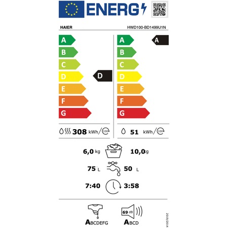 Masina de spalat rufe cu uscator Slim Haier HWD100BD1499UN/S, 10 kg spalare, 6 kg uscare, Clasa A, 1400 RPM, Motor Direct Motion, Wi-Fi, iRefresh, ABT, Steam, iTime, Pillow Drum, Dual Spray, Smart Dosing, Alb