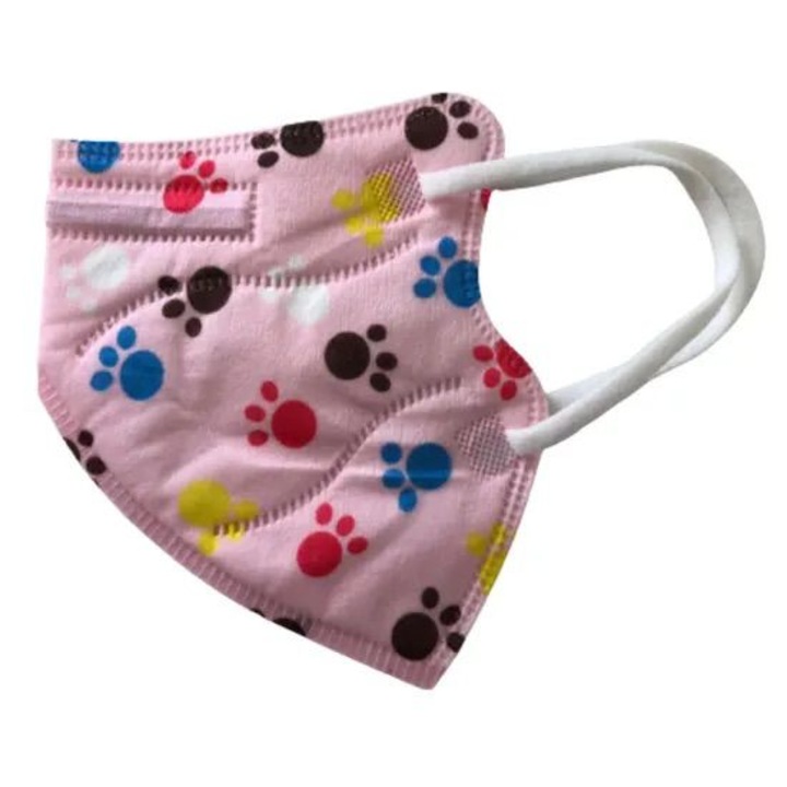 Set 10 masti de protectie pentru copii FFP2/KN95, calitate premium, ambalate individual, din 5 straturi , CE 2163, culoare roz cu labute