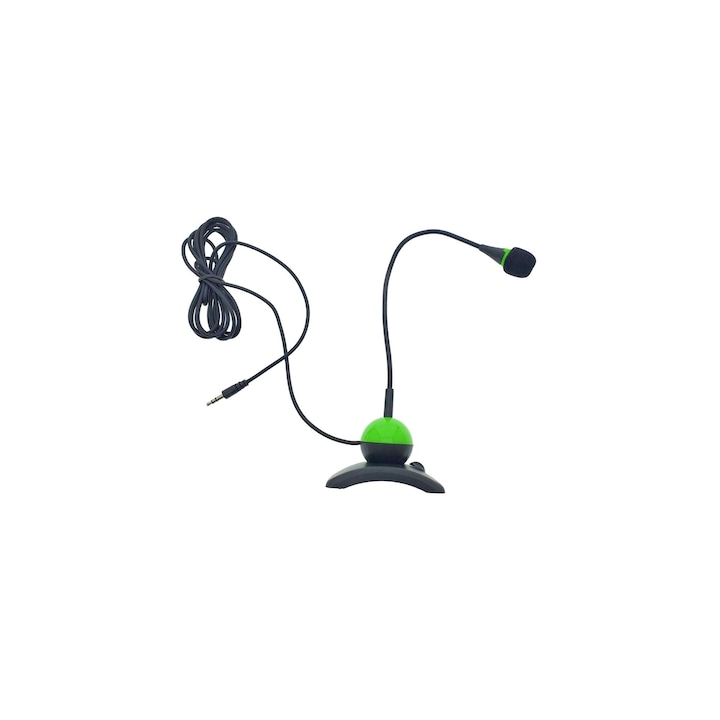 Microfon PC cu brat flexibil si buton pornire, conector jack 3.5mm, cablu 2 m, Negru-Verde
