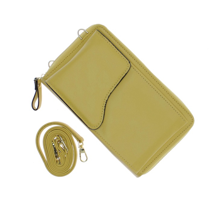 Portofel de dama, din piele ecologica, Buticcochet, Galben cu bareta detasabila, 19x10x4 cm - PR567