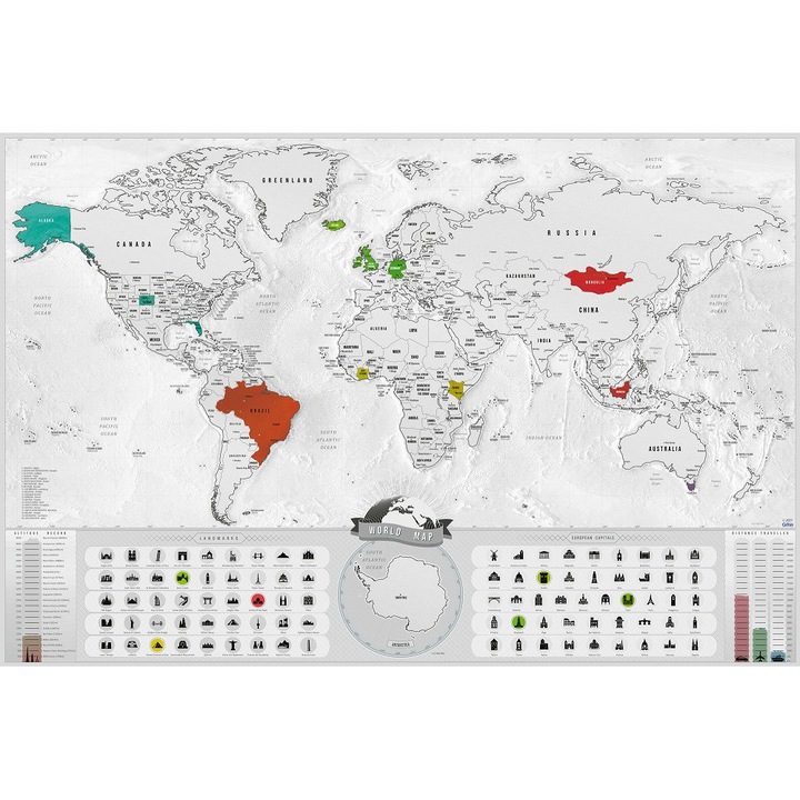 Карта на света с възможност за драскане - XL 90x60 см - Silver Blanc
