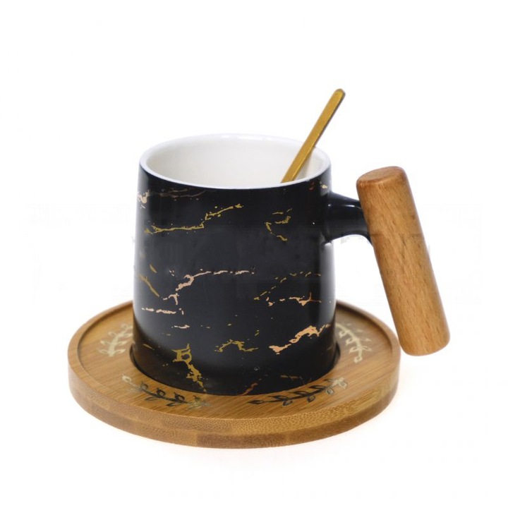 Set Cana cu Lingurita si Tava, Negru, 200 ml, 8 cm