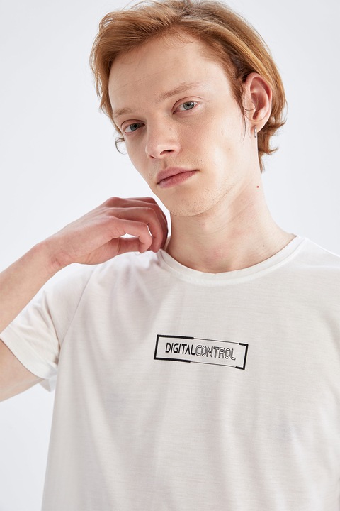 DeFacto, Tricou slim fit cu decolteu la baza gatului, Alb fildes/Negru, XS
