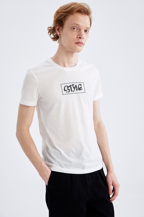 DeFacto, Tricou slim fit cu imprimeu grafic, Negru/Alb murdar