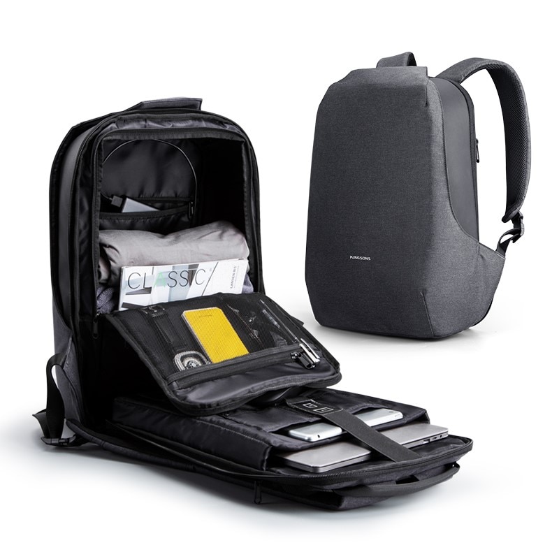 Rucsac laptop 15.6", cu port de incarcare USB, sistem antifurt TSA si deschidere la 180 grade, Kingsons, 31x16x46 cm, Gri inchis