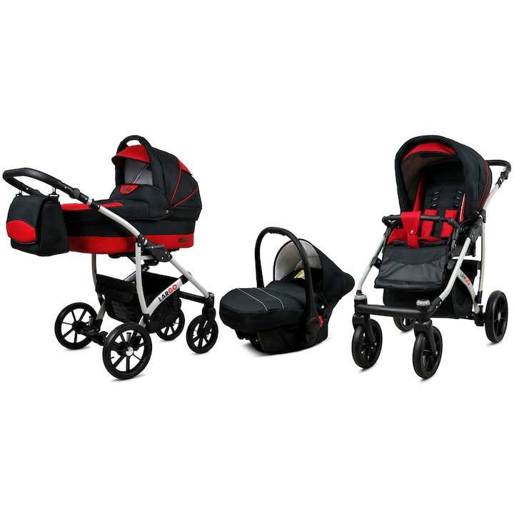Carucior 3 in 1, BabyLux Largo, Aluminiu/Textil/Piele ecologica, max 16 kg, Negru/Rosu