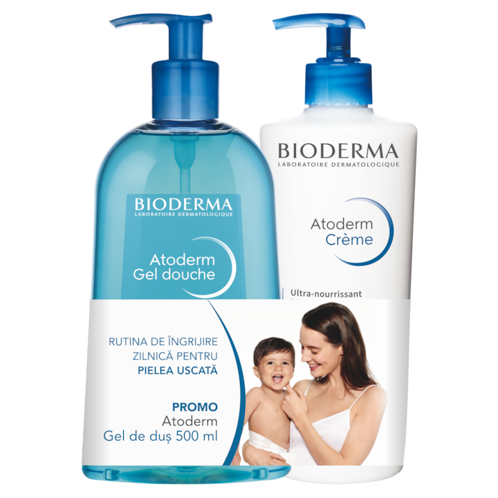Промо комплект: Bioderma Atoderm: Крем за тяло Bioderma Atoderm, За нормална/суха кожа, С парфюм, 500 мл + Душ гел Bioderma Atoderm, За нормална/чувствителна кожа, 500 мл