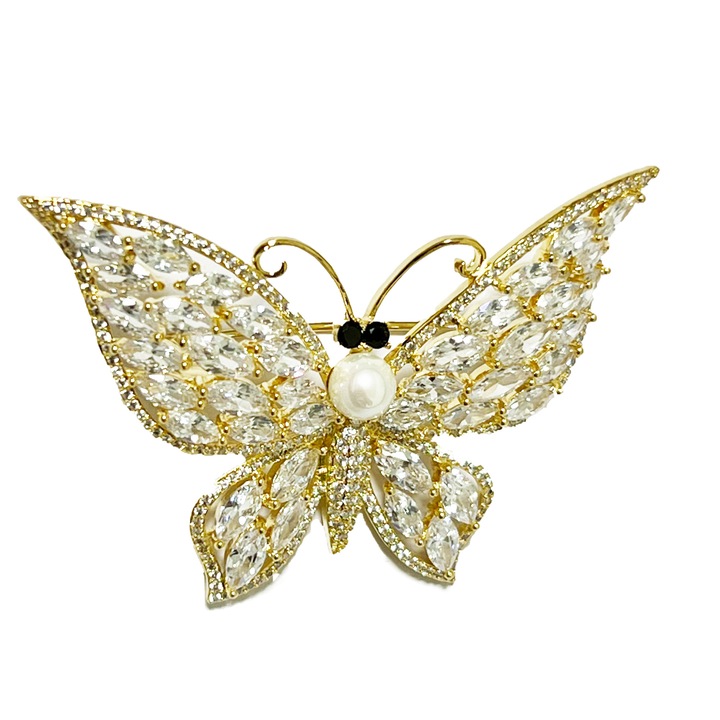 Brosa fluturas cu cristale zirconiu placat cu aur de 18 K, 6,5 cm, auriu